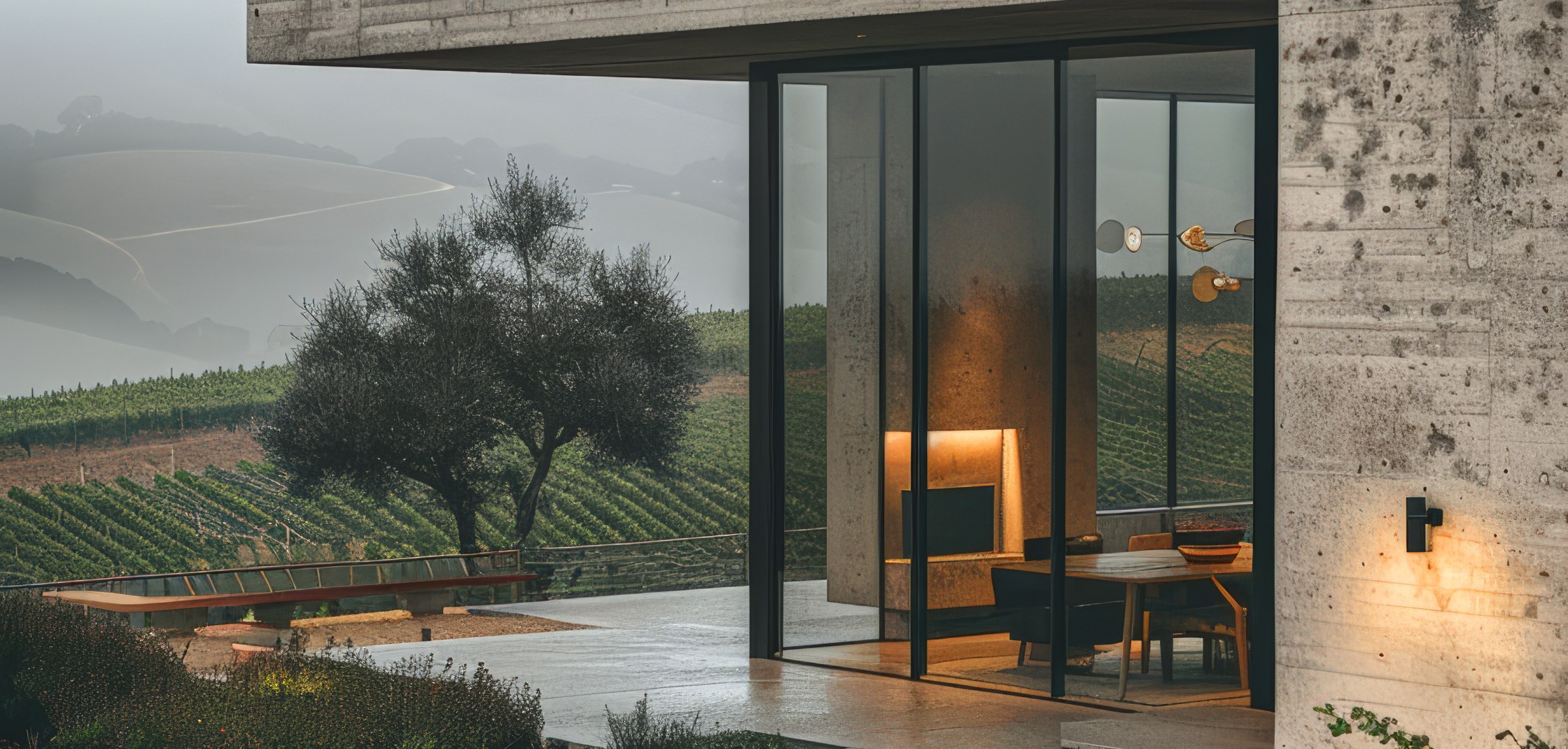 Architettura contemporanea in calcestruzzo inserita nel paesaggio